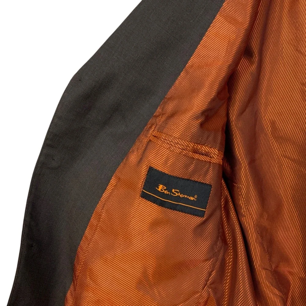 Ben Sherman Brown Wool Blazer 44R 3-Button Notch Lapel Long Sleeve Orange Lining